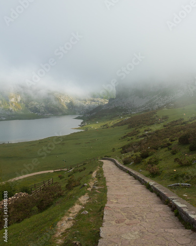 stairs to lake in the mountain