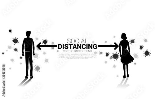 Silhouette of man and woman standing with distance for avoid virus. Concept of social distancing and isolation.