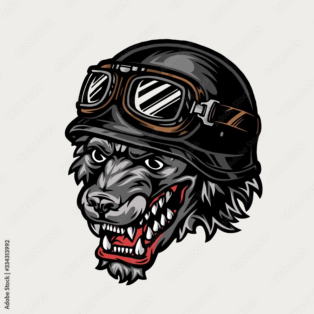 Colorful motorcyclist aggressive wolf head
