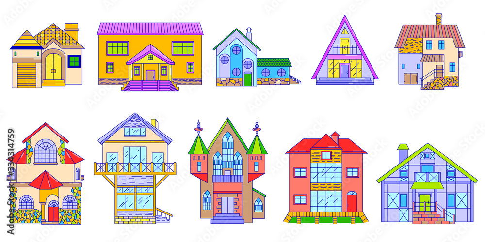 Cottage houses, vector illustration. Set of cottages and townhouses in various styles for buildings facade design and home exterior, line art, front view isolated on white.