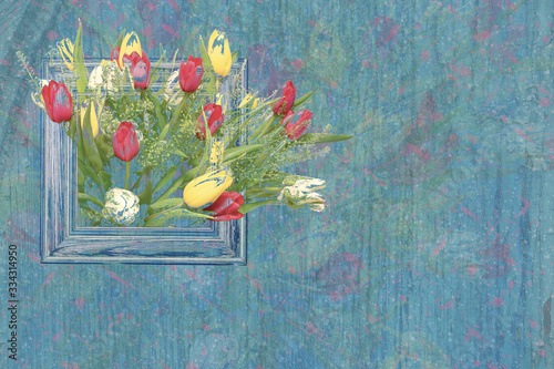 Congratulatory background with tulips. Tulips in a blue frame on a stylized wooden background. Collage