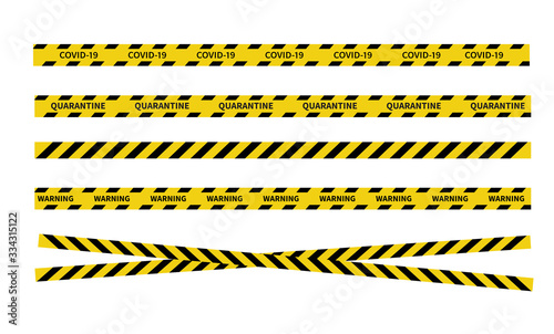 Warning Covid-19 quarantine tapes. Black and yellow line striped. Vector illustration © Alano Design