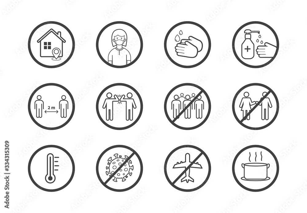 Coronavirus COVID-19 Prevention concept. Flat line icons set. Social distancing, Stay at home, Avoid crowds, Wash hands. Vector illustration Coronavirus COVID-19 Prevention concept. Flat line icons set. Social distancing, Stay at home, Avoid crowds, Wash hands. Vector illustration