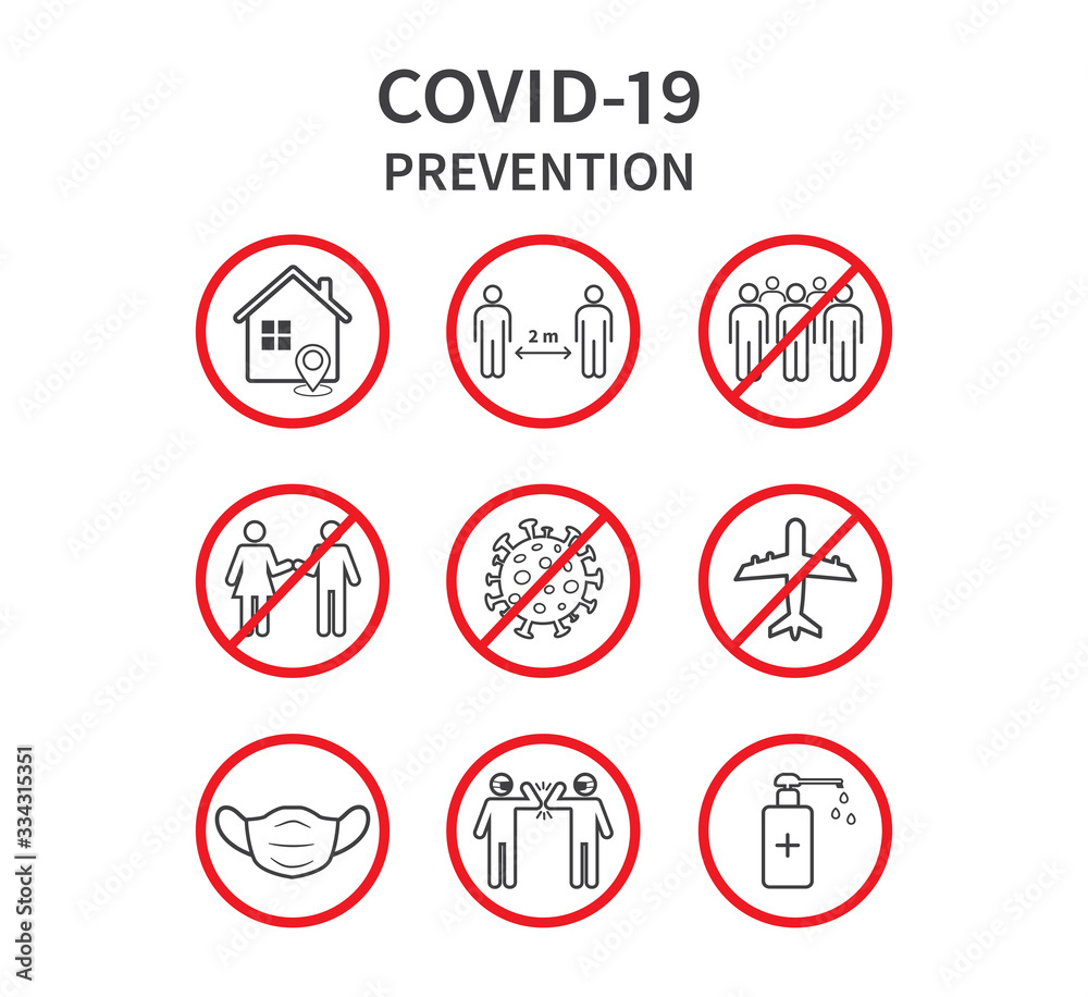 Coronavirus COVID-19 Prevention concept. Flat line icons set. Social distancing, Stay at home, Avoid crowds, Wash hands. Vector illustration