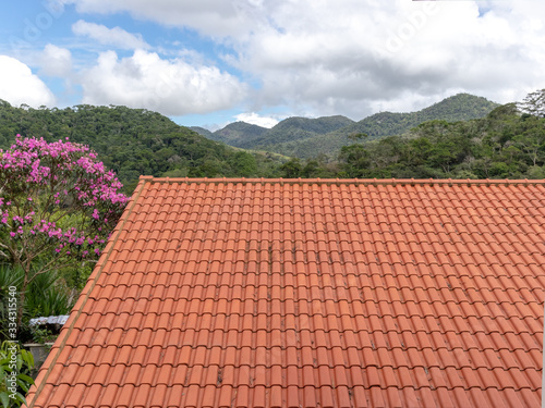 Large roof made of clay tiles with Atlantic forest in the background, Petropolis region, Areal, Rio de Janeiro, Brazil