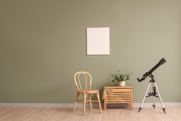 Interior of modern room with telescope