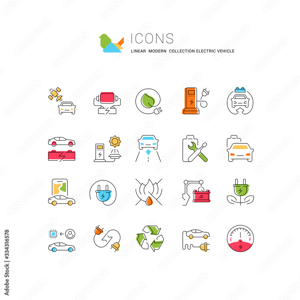 Fototapeta premium Set Vector Line Icons of Electric Vehicle.