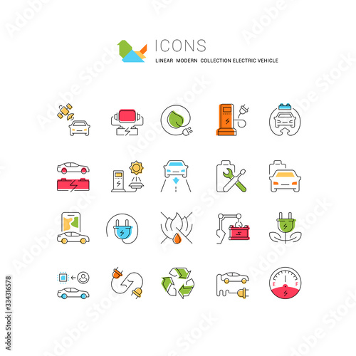 Set Vector Line Icons of Electric Vehicle.