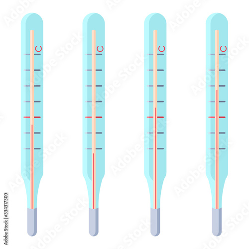 Mercury thermometers on white isolated backdrop. Sticker set for social banner or propaganda, website element, medical poster. Chemist shop logo or info card. Minimal style stock vector illustration