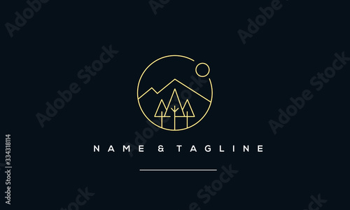 A line art icon logo of a Mountain, tree and sun