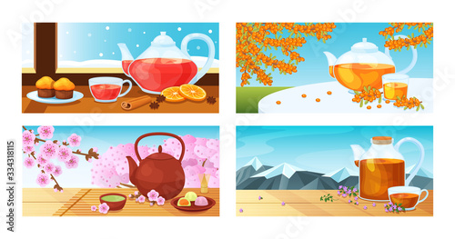 Cartoon tea cup, teapot vector illustration. Cute ceramic kettle with japanese pink flowers, glass teacup with aroma orange, sea buckthorn hot drink served sugar cake. Flat tea party landing page set