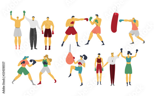 People are boxing, kickboxing, vector illustration. Boxer is training, beats punching bag, win sparring and competition. Set of sportsmen characters in flat style, isolated on white.