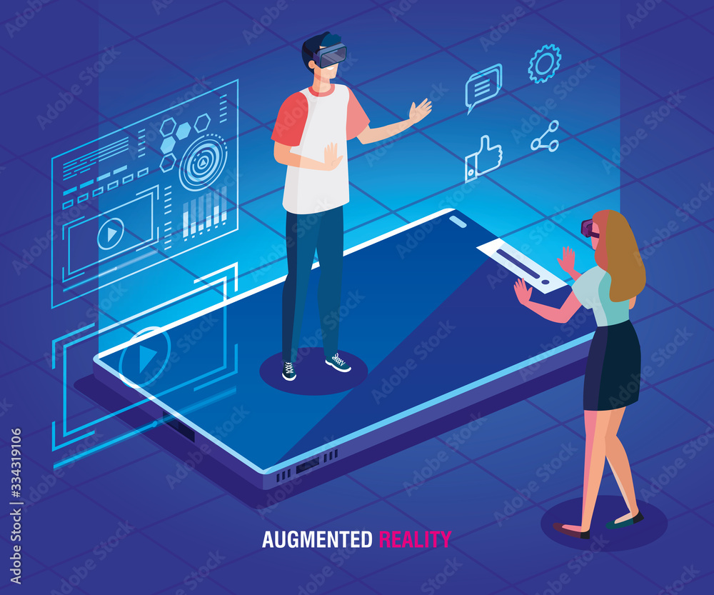 couple with glasses of reality augmented and smartphone vector illustration design couple with glasses of reality augmented and smartphone vector illustration design