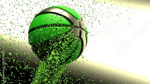 Black-Green Basketball with Green Particles. 3D CG. 3D illustration. 3D high quality rendering. © DRN Studio