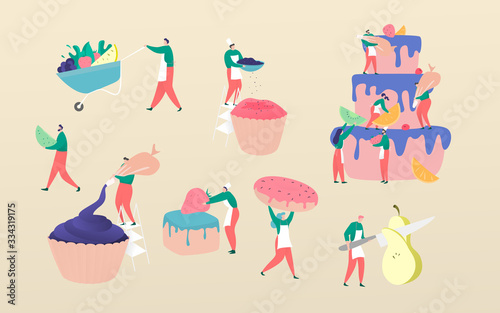 Cakes and confectionery people chef manufacturing, vector illustration, flat style. Tiny characters make handmade organic sweets and kraft homemade cupcakes bakery. Confectionery producing business.