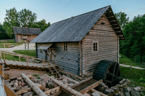 Old wooden watermill in Russian village