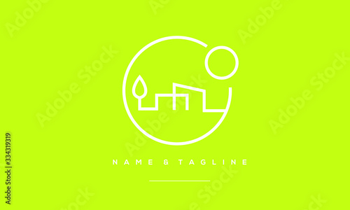 A line art icon logo of a modern house with a Tree and sun