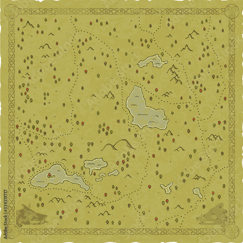 Vintage vector Celtic forest map. Includes a knotted frame with a wolf head and a boar head, mountain ranges, hills, roads, lakes and colorful trees. Can represent an adventure in the Middle Ages.
