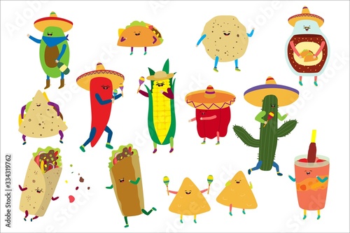 Cartoon cute mexican food vector illustration. Happy kawaii taco, tortilla food character from Mexico. Comic chili pepper, avocado, cactus or corn in sombrero fastfood dancing icons isolated on white