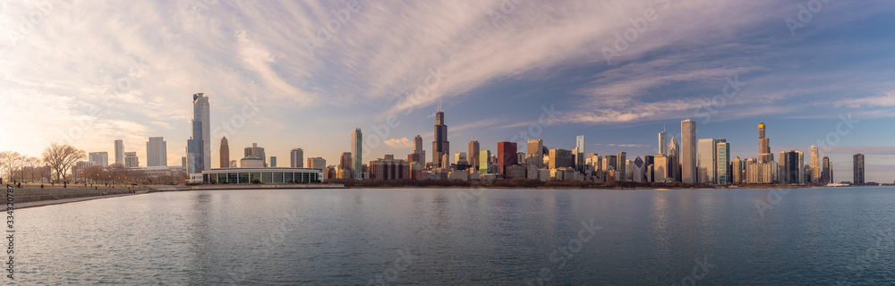 Panorama Chicago downtown skyline sunset Lake Michigan with most Iconic building from Adler Planetarium