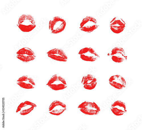 Vector collection of textured kisses imprints isolated on a white background. Romantic and erotic set of monochrome templates of stamps lips for your design.