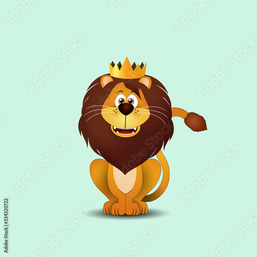 an illustration of funny lion with crown on green background