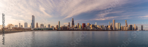 Panorama Chicago downtown skyline sunset Lake Michigan with most Iconic building from Adler Planetarium