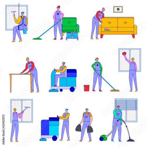 Cleaning service business, vector illustration isolated on white, line art. Cleaning company staff work with special equipment, vacuum cleaner, scrubber and mops. People in uniform wash office, home.