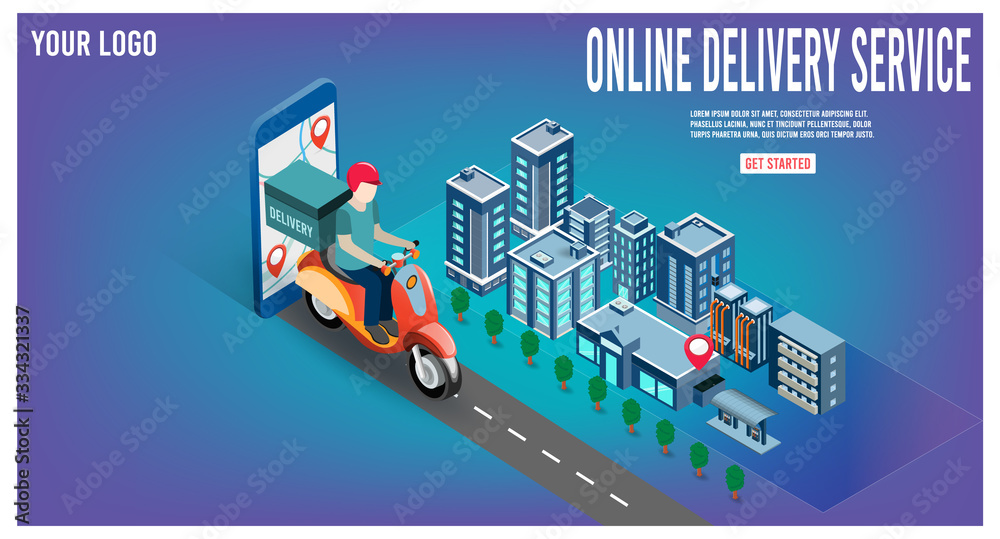 Online delivery service concept with delivery man ride scooter delivering parcel box. vector illustration. Online delivery service concept with delivery man ride scooter delivering parcel box. vector illustration.