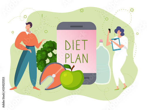 Diet plan app vector illustration. Cartoon adult tiny man woman character with smartphone dieting, flat happy people planning healthy food eating through mobile planner, concept isolated on white