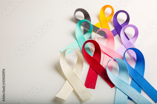 Multi colored cancer ribbons Proudly worn by patients, supporters and survivors for world cancer day. Bringing awareness to all types of cancer