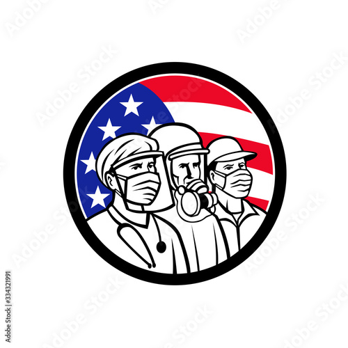 Mascot icon illustration of American medical professional, nurse, doctor, healthcare, soldier or essential worker wearing surgical mask with USA stars and stripes flag set in circle in retro style.