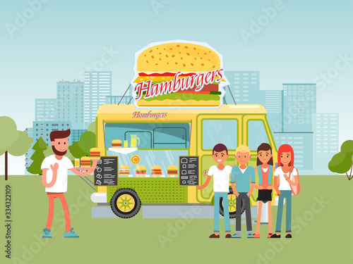 City food truck vector illustration. Street truck or van selling various burger menu, cartoon flat happy man woman character, smiling people buying hamburger streetfood in park festival outdoor market