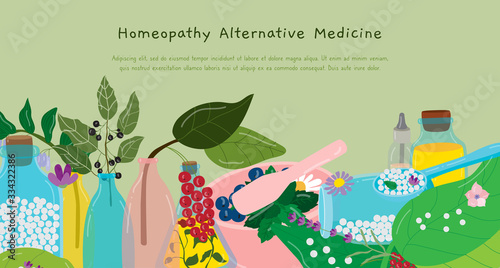 Homeopathy alternative medicine vector illustration. Cartoon flat pill capsule in spoon, green leaf herb or berry, vitamin plant for herbal medical pharmacy. Natural treatment concept background photo