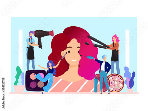 Woman makeup vector illustration. Flat happy tiny cartoon makeup artist hairdresser characters group doing together hair styling, smiling girl maquillage. Female cosmetic beauty salon concept poster