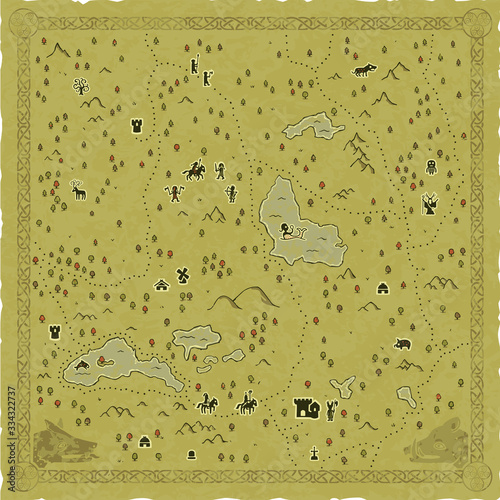 Ancient medieval Celtic map with trees, a dungeon, mountains, lakes, horsemen, huts, Excalibur, a boar, a wolf, a druid, a wickerman, a mermaid, warriors, a castle and an ornate knotted frame.