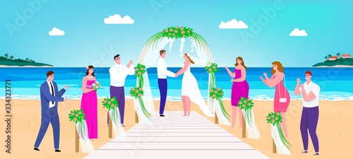 Wedding beach ceremony vector illustration. Cartoon happy man woman couple characters getting married on ceremonial tropical terrace with sea view, flat groom and bride in white dress holding hands