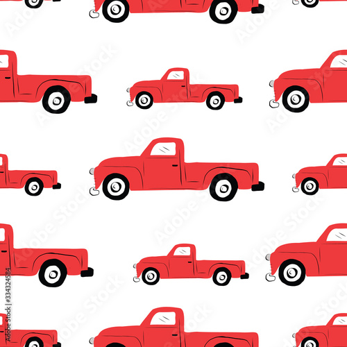Seamless repeat retro vintage red truck pattern. 