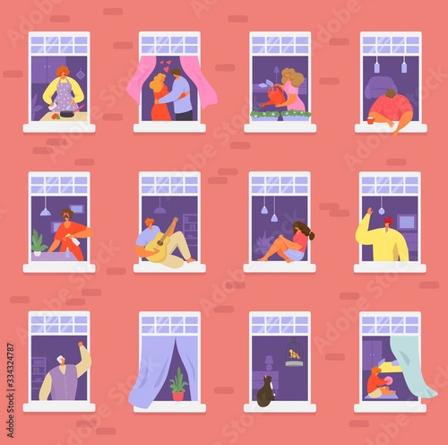 Neighbors people in window vector illustration. Cartoon active man woman or couple characters live in neighboring home apartments, building facade with windows. Flat residential house neighborhood set