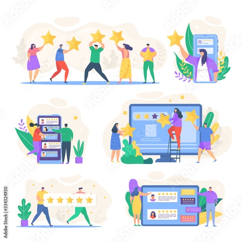 Review feedback vector illustration. Cartoon tiny people reviewing rating online in smartphone or computer app, active flat man woman reviewer customer character holding stars icons isolated on white