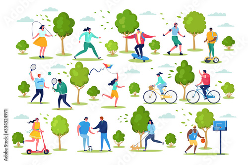 People in sport outdoor activity vector illustration. Cartoon active flat woman man characters have fun from sporting healthy lifestyle, cycling, do sport exercises in city park set isolated on white