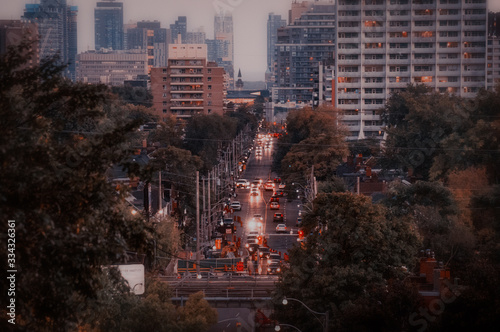 Autumn evening aerial view along Spadina road toward lake Ontario in Toronto, the biggest Canadian city, capital of Ontario province photo