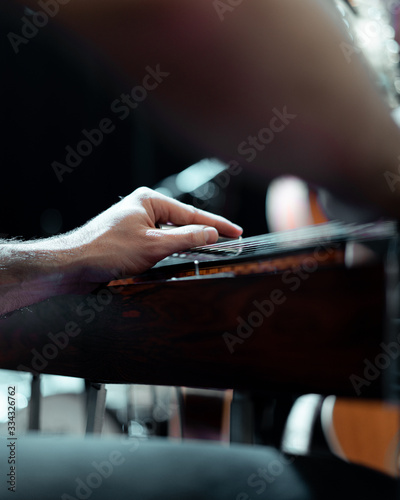 Musician playing string instrument in concert