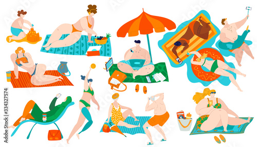 Body positive people on beach with overweight fat body set of flat vector illustrations isolated on white. Happy plus size body positive girls and elder couple, invalid and active healthy lifestyle.