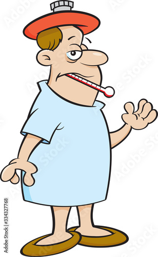Cartoon illustration of a sick man in a hospital gown with a thermometer in his mouth.