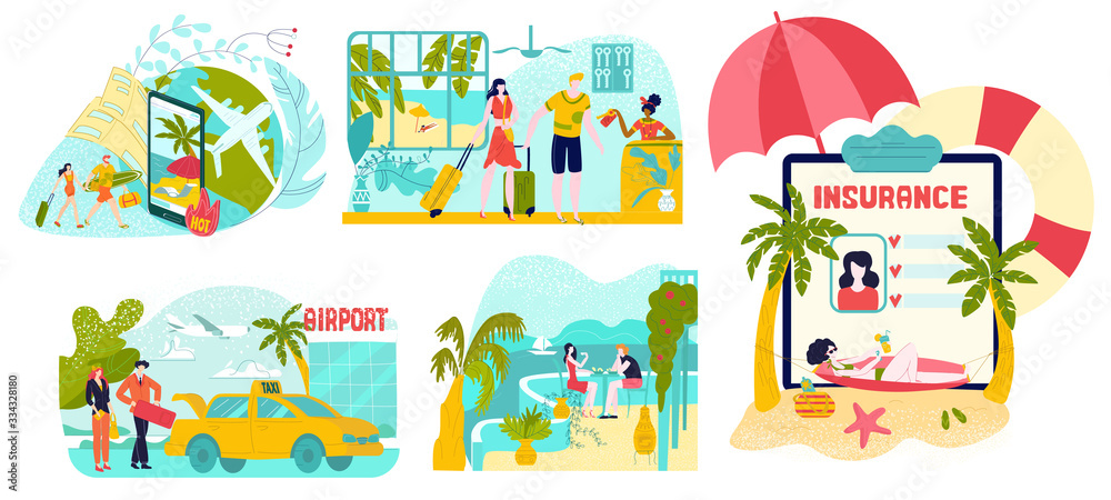Hot tour, travel, planning summer vacation, tourism set of vector illustrations isolated on white. Hot tour to sea online order, airport, beach hotel and traveller insurance. Holiday travelling, trip.