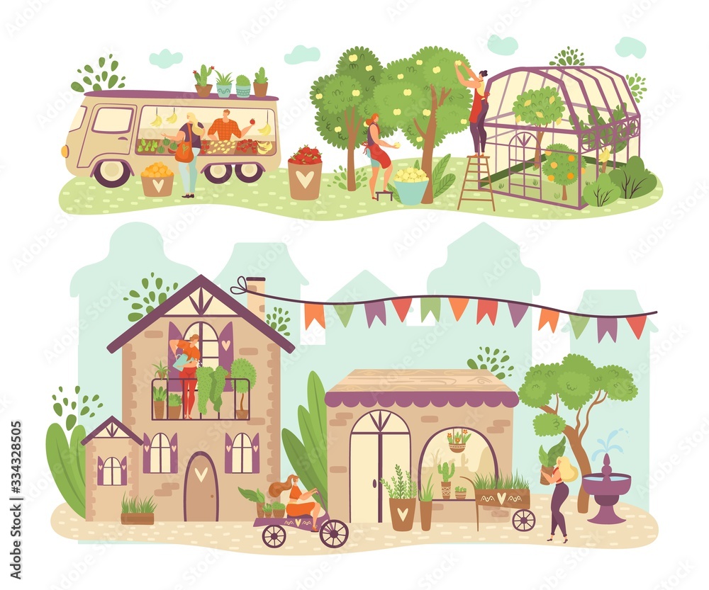 Obraz premium People gardening and harvesting, growing fruits season, home garden isolated vector illustrations. Green plants in nature or in house summer gardeners and harvest season.