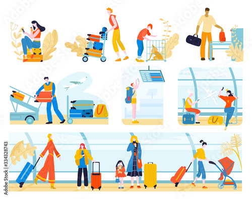 Tourists with baggage in airport people, traveling passengers waiting for check-in or departure set of vector flat illustration isolated on white. People in tour with luggage and air tourism, travel.