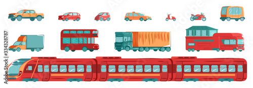 Urban transport set with subway  tram  cars and tracks in flat design vector illustration isolated on white set. Mass rapid transit urban transport vehicles and municipal transportation.