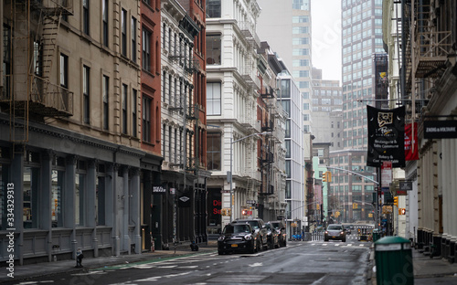Empty New York City streets without people and closed shops during pandemic coronavirus outbreak in America.  © tanya
